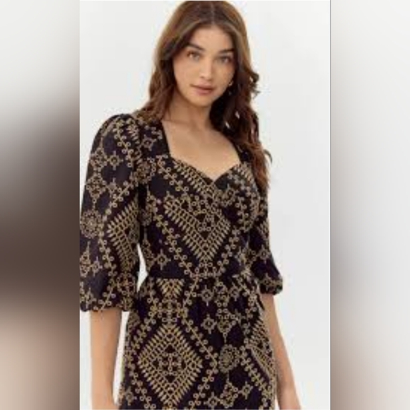 Adelyn Rae black tan eyelet puff sleeve Legacy Embroidered Midi Dress size XS - Picture 2 of 2